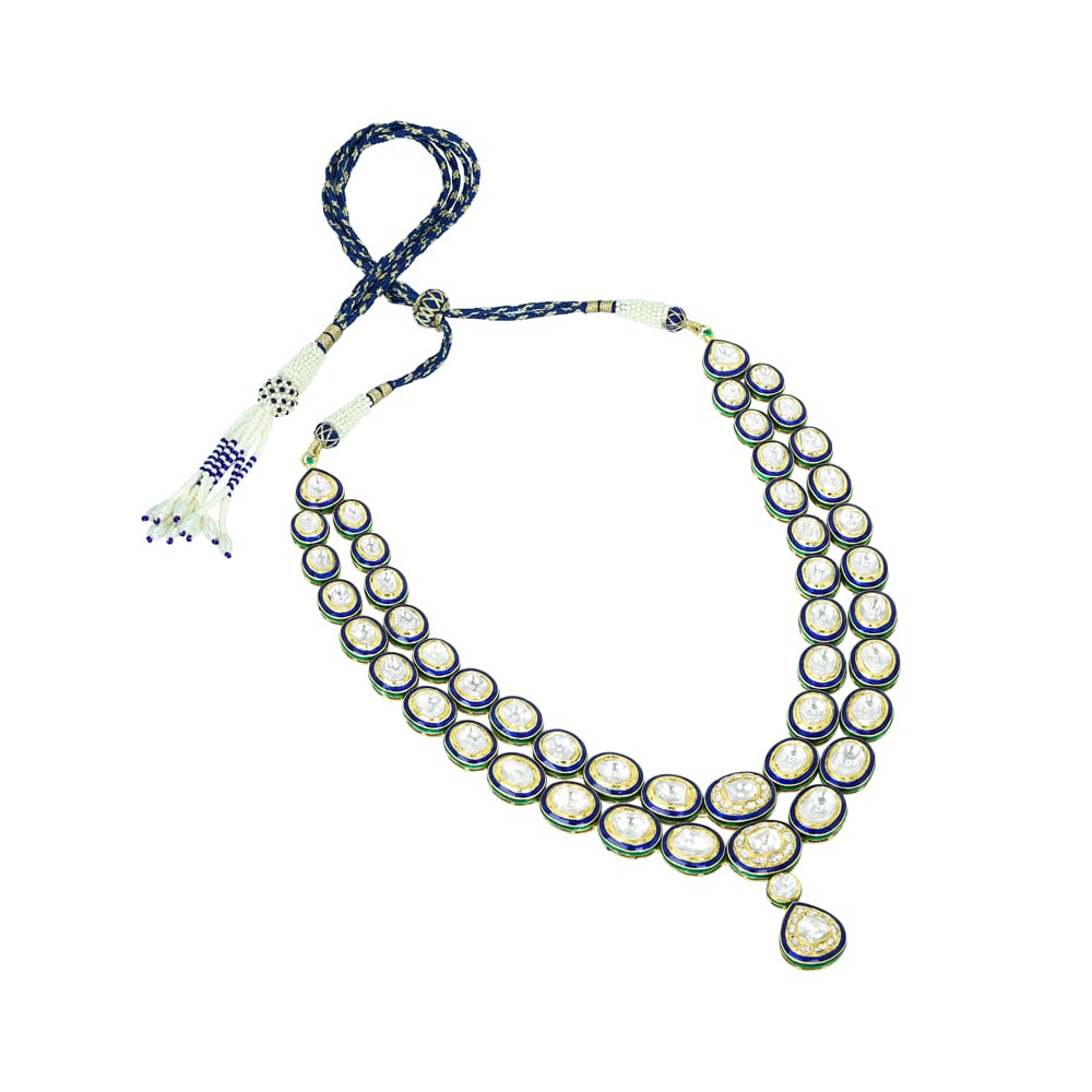 Twin-Line Polki Necklace with Blue Enamel and Pear Pendant